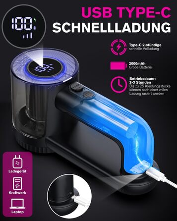 Електричний видальник ворсу Homtronics з USB-зарядкою, LED-дисплеєм та 6-ма лезами для одягу, диванів та килимів, чорний