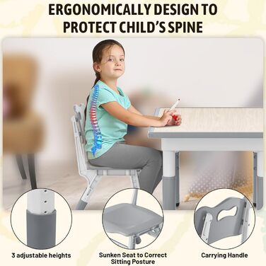 Дитячий стіл зі стільцями, дитяча група сидіння, регульована по висоті з HDPE та ABS, багатофункціональний дитячий стіл для дітей від 2 до 10 років, ергономічний набір столу та стільця для дитячої кімнати, 60*60 см, сірий