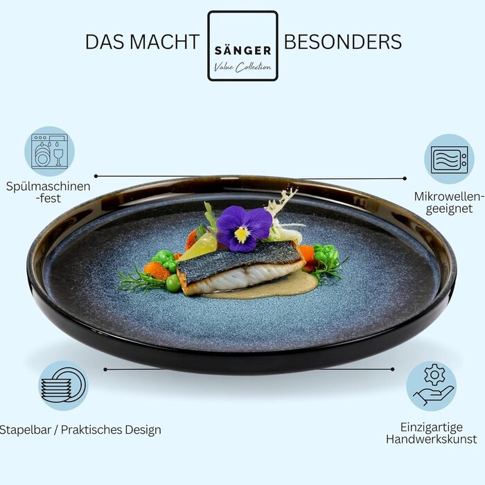 Набір посуду SÄNGER Steingut 18 предметів: 6 тарілок для їжі, 6 мисок для каші, 6 десертних тарілок, блакитний колір з чорним бордюром, стійкий до подряпин, VALUE COLLECTION (Osaka)