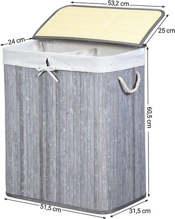 Бамбуковий кошик для білизни SONGMIC, 100 л, з 2 відділеннями