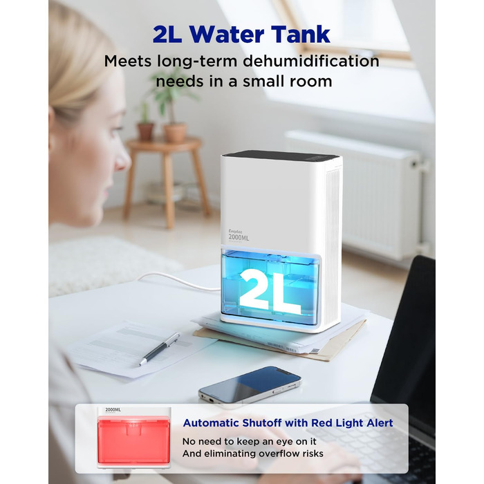 EasyAcc Електричний осушувач повітря 1200 мл, компактний, тихий, портативний, з автовимкненням та режимом сну, для дому та офісу (білий)