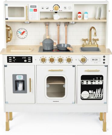 Дерев'яна дитяча кухня Mamabrum з LED-підсвічуванням - ігровий набір кухонь з регульованою висотою, з приготуванням кубиків льоду, мікрохвильовою піччю, плитою та посудомийною машиною. Іграшка для дітей від 3 років