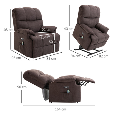 Масажне крісло HOMCOM з кріслом Sit-to-Stand, електричне крісло з 8 вібраційними точками масажу, регульоване крісло для телевізора, інтерфейс USB, оксамитовий темно-коричневий