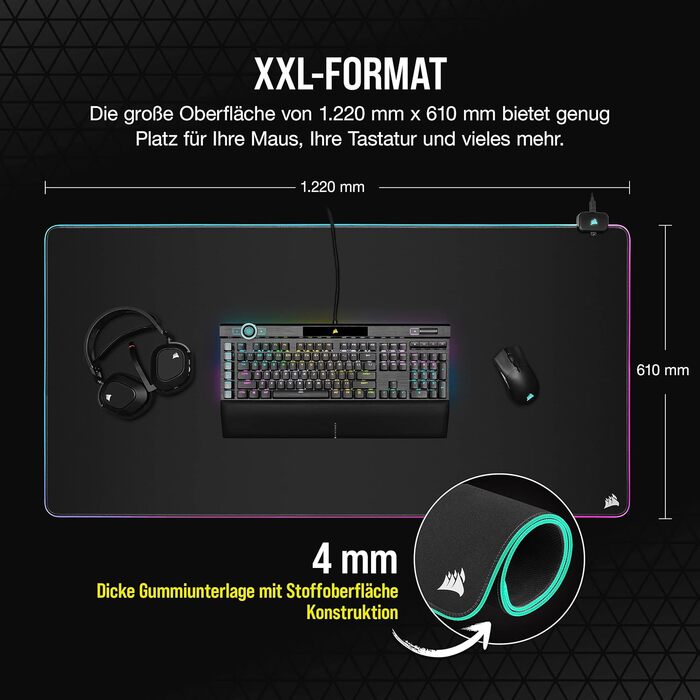 Килимок для миші Corsair MM700 RGB Extended - великий, 930x400 мм, з підсвічуванням RGB, хаб USB, чорний