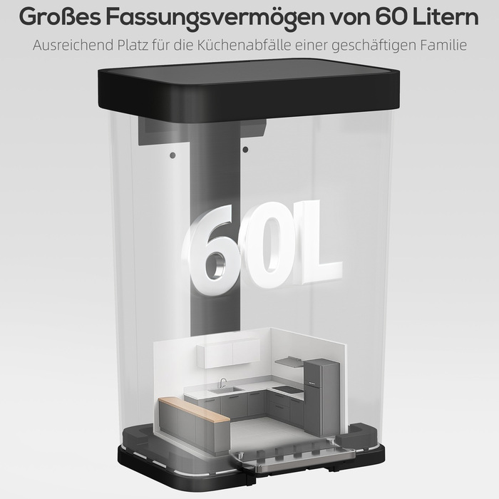 Відро для сміття 60 літрів з педальним механізмом, нержавіюча сталь, з м'яким закриванням кришки, сріблястого кольору
