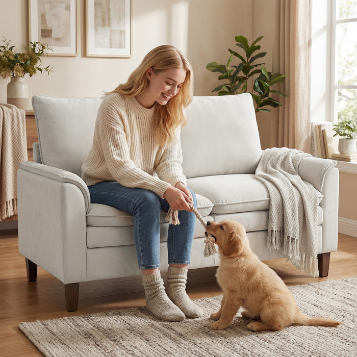 Диван на 2 місця, 146 см, з велюровою оббивкою з двошаровою м'якістю, з пуховими подушками, глибоким сидінням та високою спинкою, кремово-білий