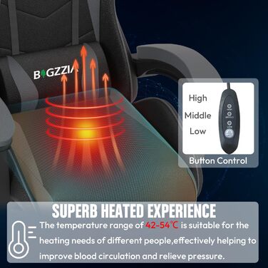 Ігровий крісло Bigzzia з підігрівом, регульована спинка 90-135°, ергономічний дизайн, підголовник та підлокітники, дихаючий матеріал, сірий колір