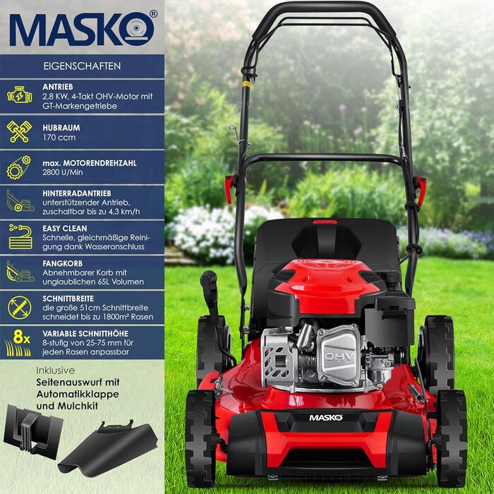 Бензинова газонокосилка MASKO® 5в1 | Ширина косіння 51 см | 8 положень висоти стрижки | 4-тактний OHV двигун 6.0 PS | Об'єм кошика 65 літрів | З набором для мульчування, бічний викид | Червоний / Чорний