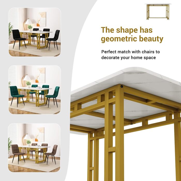 Стіл обідній Merax 140x80 см, прямокутний, з малюнком мармуру, на 4-6 осіб, металевий каркас, регульовані ніжки, для ресторану, вітальні, кухні, білий/чорний