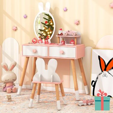 Дитячий туалетний столик COSTWAY з дизайном зайчика, 2-в-1 зі дзеркалом, 2 шухляди та полиця, туалетний столик для дівчаток з масивними дерев'яними ніжками (білий)