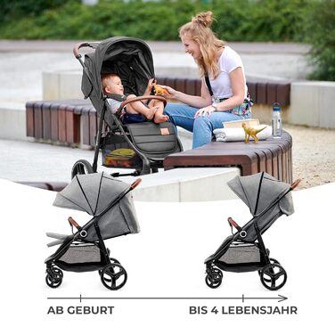 Дитяча коляска Kinderkraft GRANDE PLUS сірого кольору, від народження до 22 кг, складна однією рукою, з регульованою спинкою та великим козирком