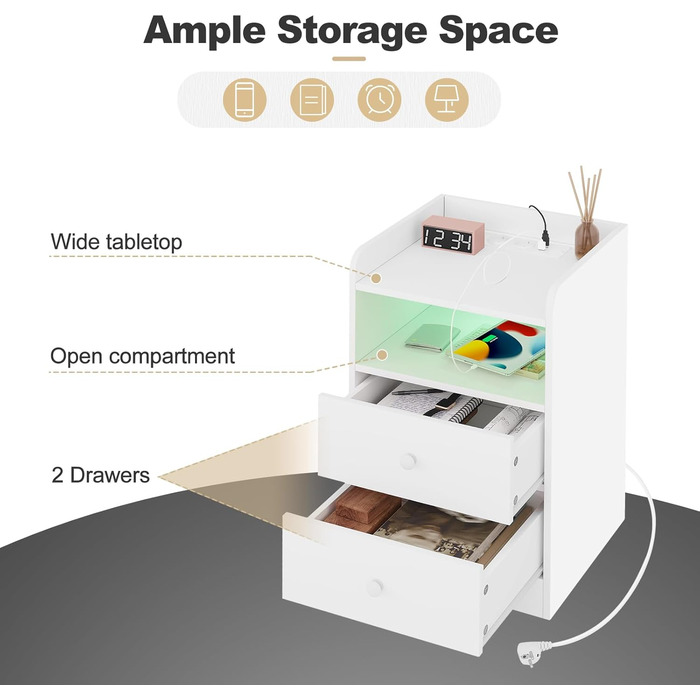 Набір приліжкових тумбочок WOLTU з функцією зарядки, світлодіодне підсвічування, розетки, USB, висувні ящики, відкрите відділення, білий