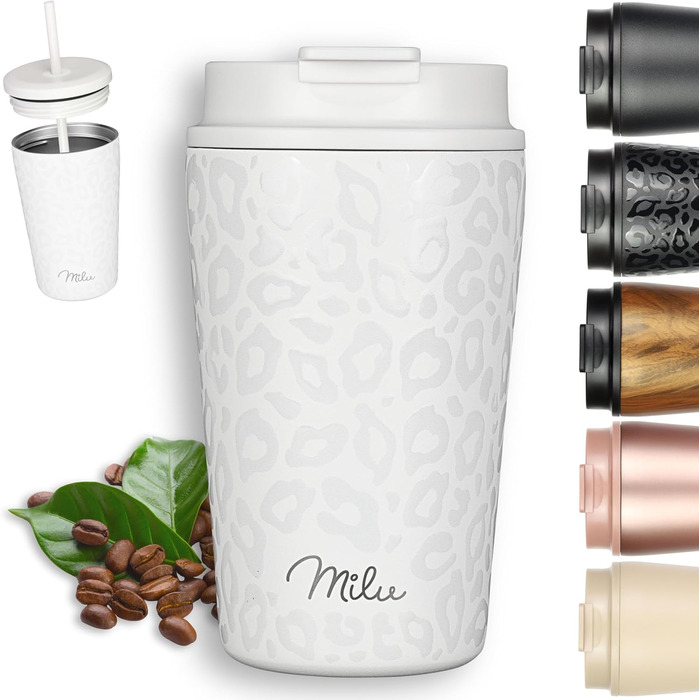 Термокружка Milu 400 мл - не протікає, з нержавіючої сталі, з трубочкою, ізольована, зберігає тепло 10 годин / холод 20 годин, без BPA (White Leopard)