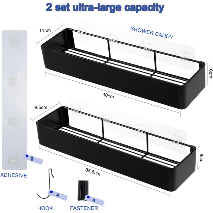 Душова полиця NOSTHEART без свердління, 2 шт. и органайзер для душової полиці з нержавіючої сталі з гачком, 38-40см, великої місткості
