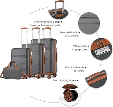 KONO Набір валіз 4 шт. з жорстким корпусом та TSA замком. Валізи середнього та великого розміру, ручна поклажа, 40x20x25 см, сірий/коричневий. Набір валіз Trolley Set