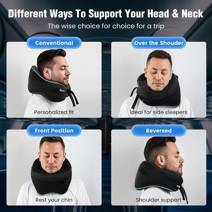 Подушка для шиї у літак з Memory Foam, регульовані ремені, дихаючий чохол, підтримка шиї для подорожей (літак, авто, поїзд). У комплекті: чохол для зберігання з гачком