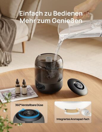 Зволожувач повітря Dreo для спальні, ультразвуковий пристрій холодного туману з 30 годинами роботи, резервуар 3L з верхнім заповненням, датчик вологості, нічне світло для дітей, кімнати, рослин та дому, чорний