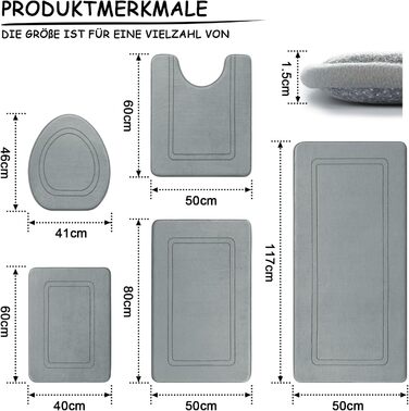Набір килимків для ванної кімнати Chakme з 5 предметів, м'який килимок для ванної з піни з ефектом пам'яті, не ковзає, можна мити, сірий