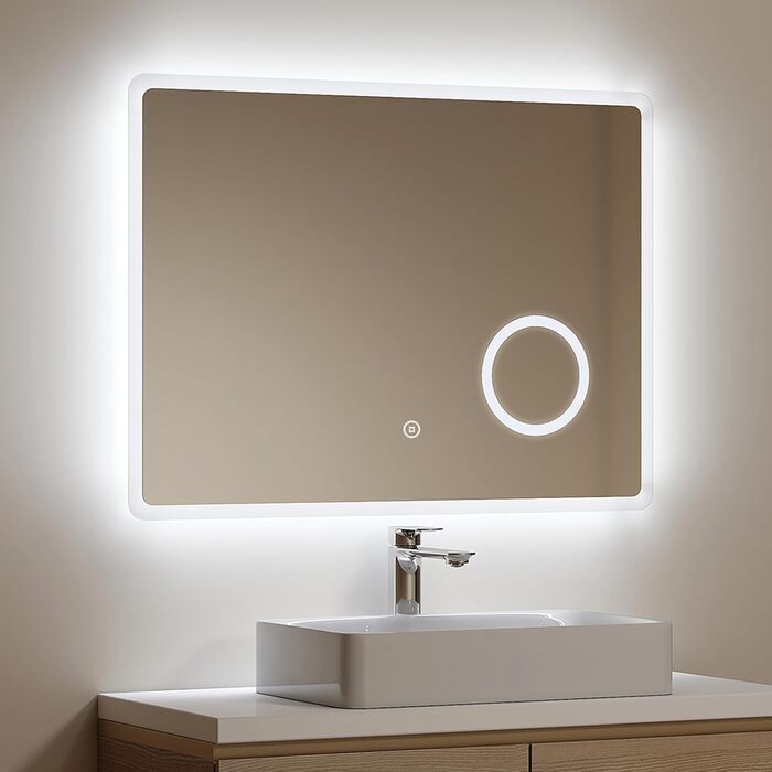 Дзеркало для ванної кімнати EMKE з підсвічуванням 100x60 см, LED, 3x косметичне дзеркало, холодний білий світ, 6500K, сенсорне, IP44, енергозберігаюче