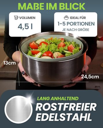 Салатниця-швидкокрутка VELVOMAX 6в1 з нержавіючої сталі, 4.5L - 6 функцій: нарізник овочів, сервіровочна чаша та спіннер для салатів. Можна мити в посудомийній машині, з антиковзним дном та кришкою. Ідеально для любителів готувати.