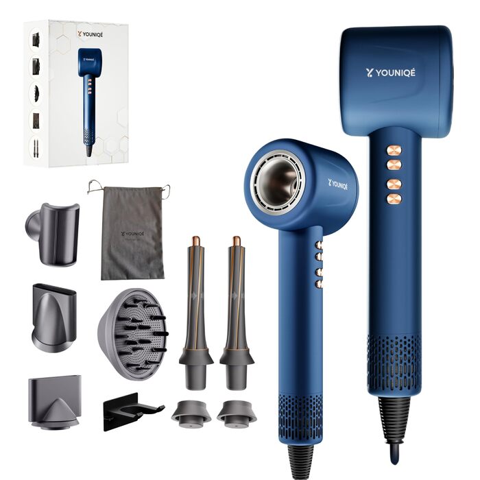 Мультифункціональний фен для волосся 5-в-1 з іонною технологією, набір насадок (локони, випрямлення, дифузор, концентратор), 1600W, LED-дисплей, 4 режими температури, магнітні насадки, Блакитний/Золотий