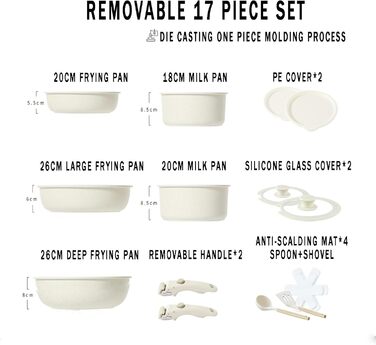17-ти частинний набір каструль з знімним ручками: Набір посуду Induktion з антипригарним покриттям для всіх типів плит, придатний для миття в посудомийній машині (молочний білий)