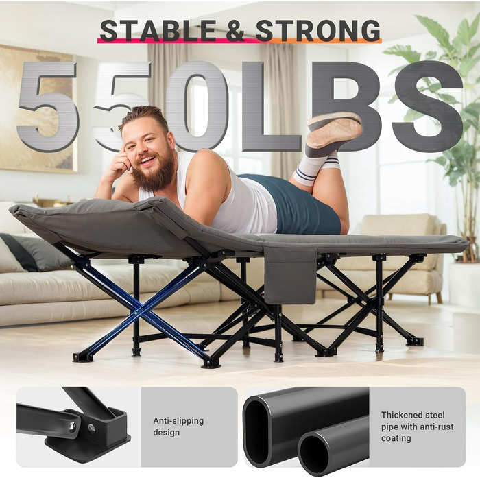 Розкладне польове ліжко OVERMONT з матрацом для кемпінгу та відпочинку, 190x70x40 см, витримує до 250 кг, тканина Оксфорд, з кишенею та сумкою для транспортування (Сірий)