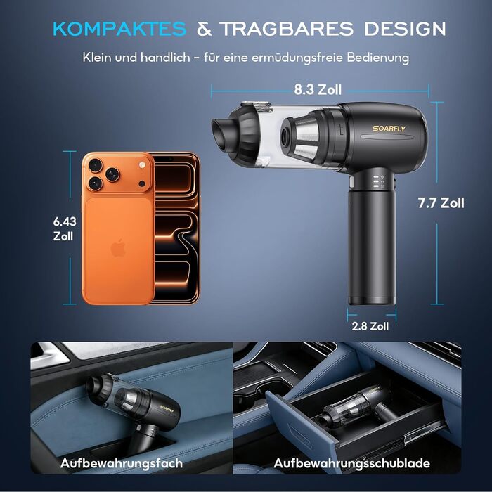 Акумуляторний ручний пилосос SoarFly 4 в 1, 25000Па, бездротовий міні-пилосос для авто, дому та ПК з безщітковим двигуном, LED-підсвіткою та набором щіток, чорний