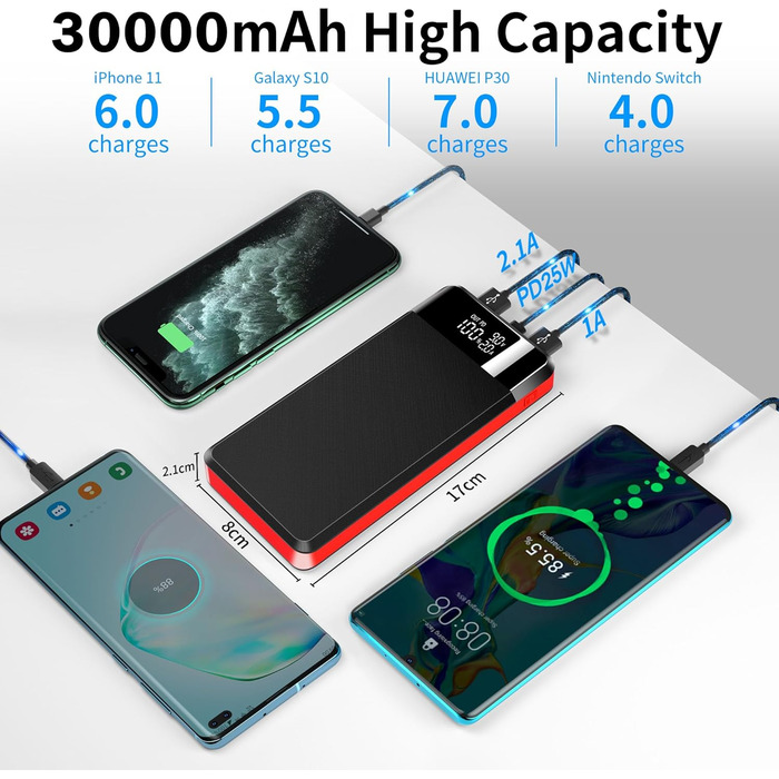 Входи/виходи, LED дисплей, ліхтарик, для смартфона/планшета, 30000mAh 25W PD3.0, 3