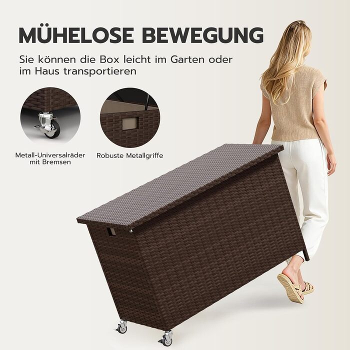 Водонепроникний садовий ящик Amopatio Gartenbox 480л з поліротангу, металевий з колесами та газліфтом для саду, балкону - коричневий