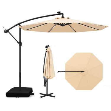 Парасолька від сонця COSTWAY 300 см з підставкою та LED-підсвіткою, бежева — садова парасолька-ампел з ручкою-коробкою та UV-захистом для тераси, басейну та двору