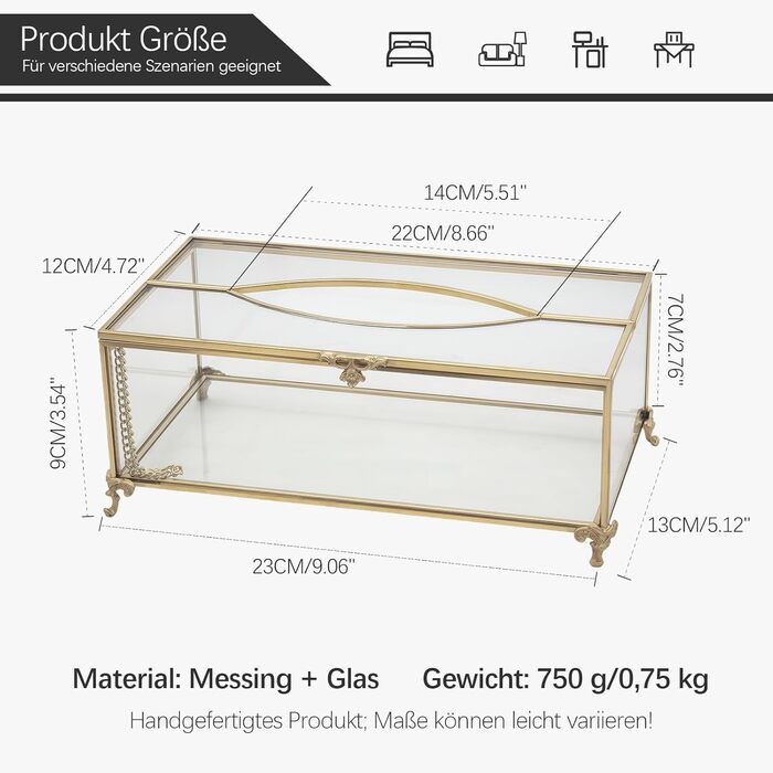 Скляна коробочка для серветок SLHEQING Gold - прямокутна, для ванної, вітальні, спальні, офісу (прозора)