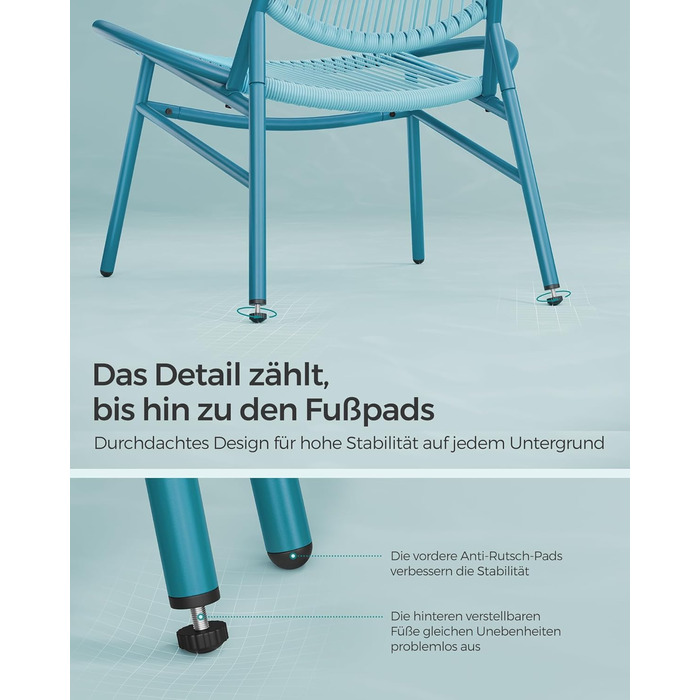 Набір садових меблів SONGMICS з ротангу (3 предмети): стіл та 2 крісла для тераси, саду, балкону, блакитний