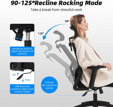 Ергономічне крісло Daccormax для офісу: регульована спинка, підголівник, підлокітники, чорний, 150 кг