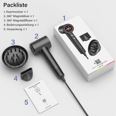 Професійний фен для волосся з дифузором, безщітковий мотор 110 000 об/хв, 400 млн плазмових іонів, низький рівень шуму 57дБ, чорний