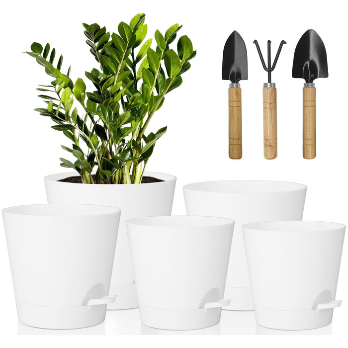 5 шт. пластикові горщики для квітів з системою поливу, 17.8/16.5/15.2/13.9/12.7 см. Самополивні горщики з підставкою, круглі, для дому, балкону, саду, сукулентів, кактусів, зелені (білі)