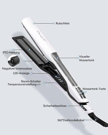 Паровий випрямляч для волосся CkeyiN, випрямляч для волосся з функцією пари, паровий випрямляч із надширокими пластинами 40 мм і цифровим світлодіодним дисплеєм, портативний дорожній випрямляч для волосся для всіх типів волосся, білий