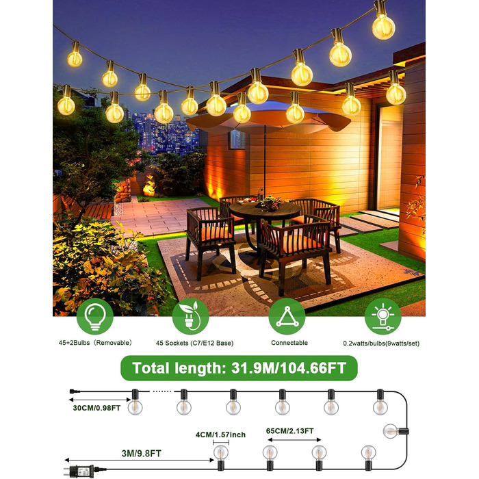 LED гірлянда для зовнішнього використання, з таймером, 30+1 G40 лампочки, димування, IP44, вологостійка, для декору саду, балкону, внутрішнього та зовнішнього використання (31.9м)