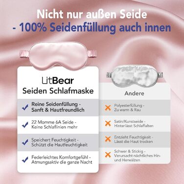 Маска для сну LitBear з шовку для тих, хто спить на боці, 100% шовк 22 momme 6A тутового шовку, повна світлонепроникність, для жінок та чоловіків, з косметичкою та гумкою для волосся, колір рожевий