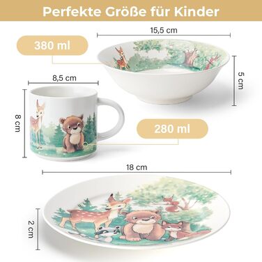 MIAMIO Набір дитячого посуду 3 шт. з порцеляни (тарілка, миска, чашка) - для дітей та малюків (ліс)