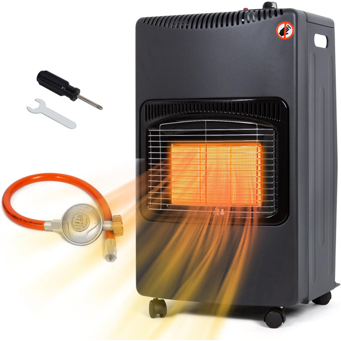 Газовий обігрівач Todeco 4200W з керамічним нагрівачем, чорний колір, 3 режими нагріву, з регулятором тиску, шлангом, для балконів та добре провітрюваних приміщень