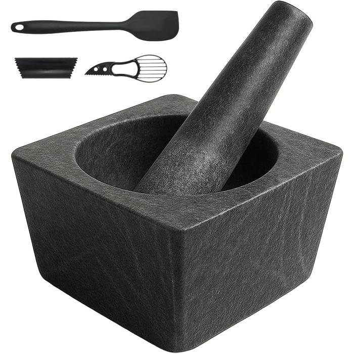 Набір ступка та товкачок з подрібнювачем часнику, прес-шнеком для авокадо та мискою для гуакамоле – автентичний мексиканський молькахе з граніту, велика ступка та товкачок для спецій