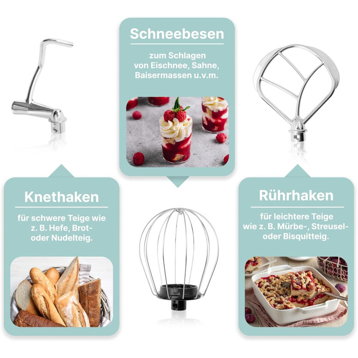 Кухонна машина Bomann 1100 Вт | Міксер для тіста 5л | З крюками для тіста, віночком та ножем для тіста | для 3 кг тіста | Міцне спеціальне редукторне передавання | Кухонний комбайн | Тестоміс KM 6030 CB (М'ятно-зелений)