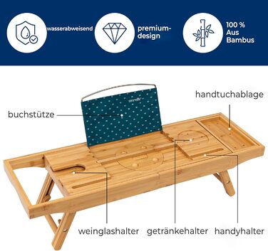 Сервірувальне піднос SereneLife 2-в-1 для ванни та ліжка – бамбуковий, складаний, регульований за розміром, вологостійкий, з жорсткою та м'якою задньою частиною, подарунковий набір