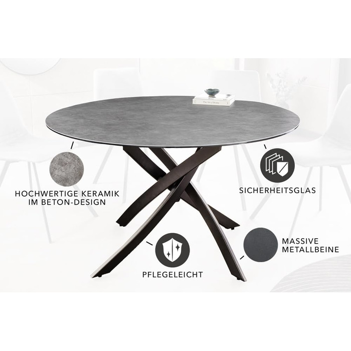 Округлий обідній стіл Riess Ambiente Alpine, 120 см, антрацитова кераміка, чорне металеве підстав'я, на 6 осіб