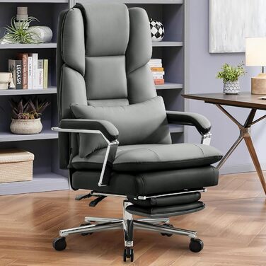 Ергономічне крісло для офісу, шкіра PU, крісло для керівника, 200 кг, з підніжкою та підтримкою попереку, для дому/офісу, регульоване, висока спинка, чорне, 1 шт.