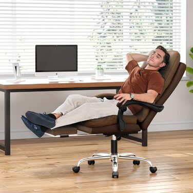 Ергономічне крісло для офісу Naspaluro з підніжкою, комп'ютерне крісло з подвійним шаром подушок, високою спинкою, функцією відкидання, регулюванням висоти, PU-шкіра, до 150 кг (колір: коричневий, штучна шкіра)