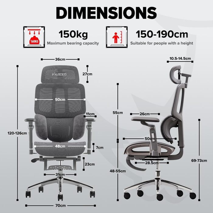 Крісло офісне MUSSO H80 Pro з ергономічною спинкою, сітчасте, з підтримкою попереку, регульовані підлокітники, підставка для ніг, темно-сіре