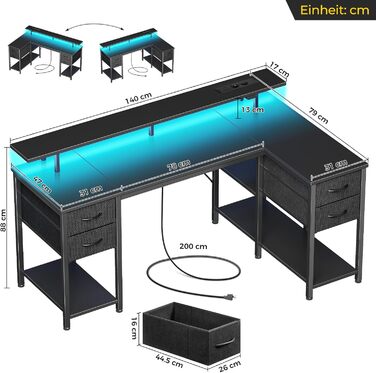 Комп'ютерний стіл Seventeen Table L-подібний з 4 ящиками та полицями, ігровий стіл з LED підсвічуванням та розетками, стіл для геймінгу з підставкою для монітора для дому, офісу, спальні, вітальні (Чорний, 140 см)