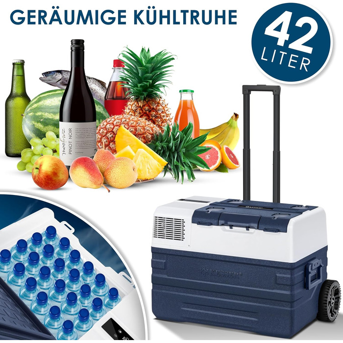 Автомобільний компресорний холодильник KESSER 42L з Wi-Fi, 12/24/230V. Морозильна камера до -20°C, колеса, телескопічна ручка для кемпінгу, фургону, вантажівки + 2 акумулятори холоду 42л, темно-синій